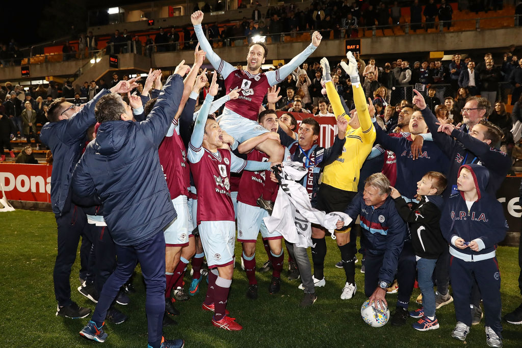 APIA Leichhardt celebrate after knocking out Melbourne Victory from the FFA Cup.