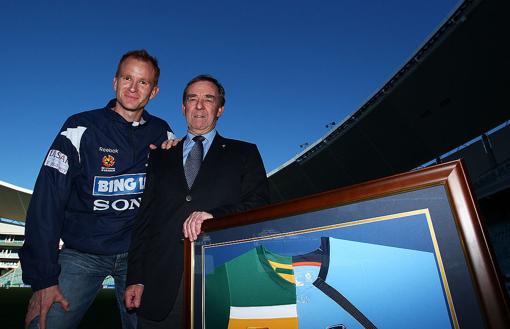 Hayden Foxe of Sydney FC and former socceroo Ted Smith pose for a photo during the launch of Sydney FC's new former Socceroos Club membership at the Sydney Football Stadium on July 14, 2010 in Sydney, Australia. (Photo by Mark Nolan/Getty Images)