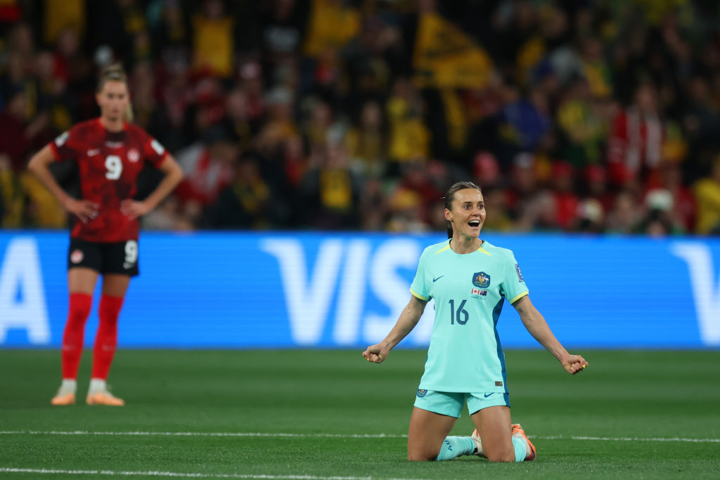 Hayley Raso of Australia celebrates the team's second goal during the FIFA Women's World Cup Australia & New Zealand 2023 Group B match between Canada and Australia at Melbourne Rectangular Stadium on July 31, 2023 in Melbourne, Australia. (Photo by Alex Grimm - FIFA/FIFA via Getty Images)