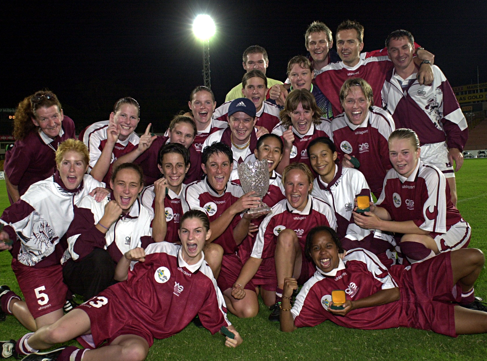 Queensland Sting celebrate winning the Grand Final of the Women's National Soccer League against New South Wales Sapphires at Suncorp Stadium in 2000 in Brisbane, Australia.