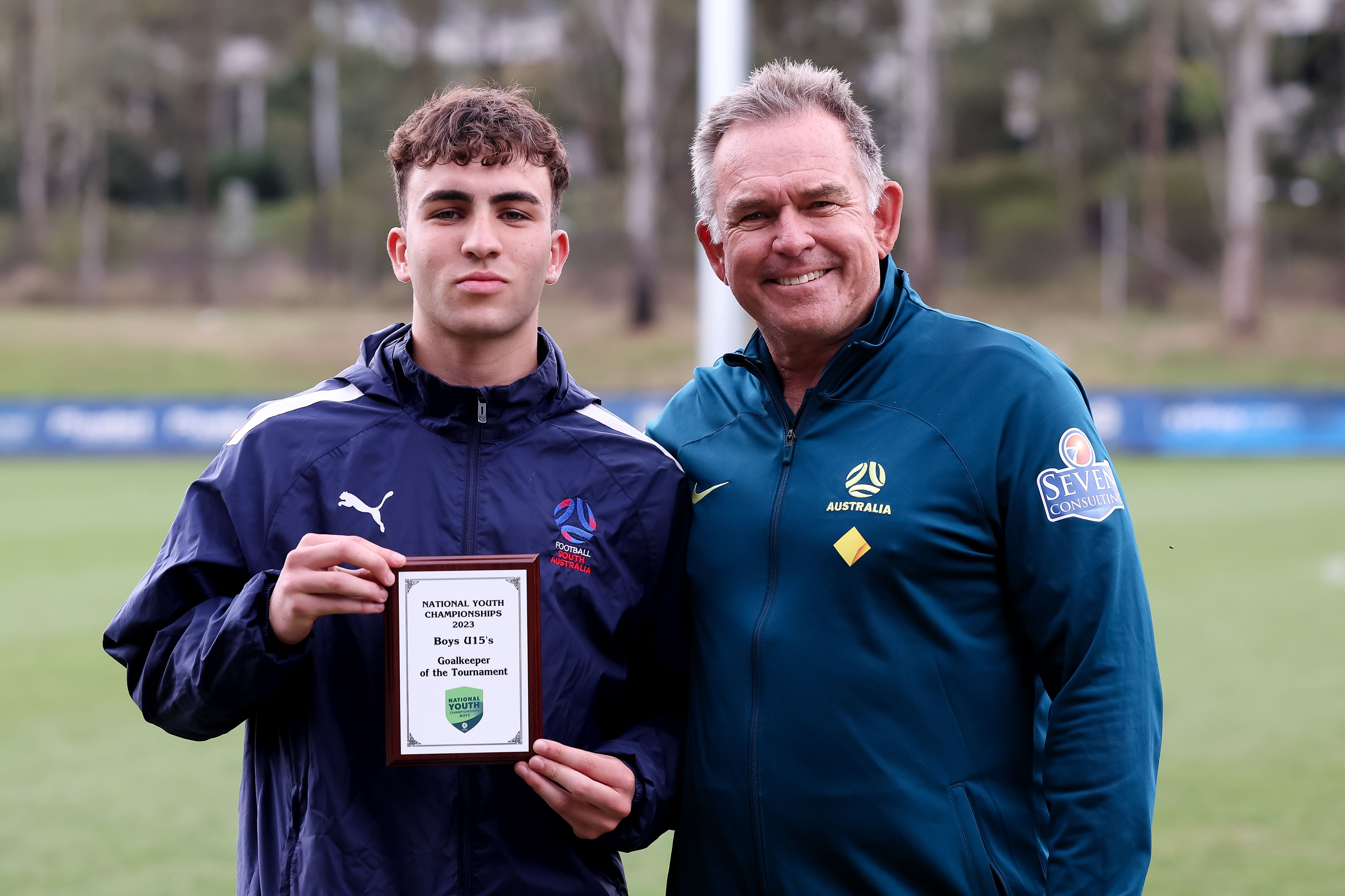 Under 15 Goalkeeper of the Tournament Noah Ellul from Football South Australia with Tony Franken  