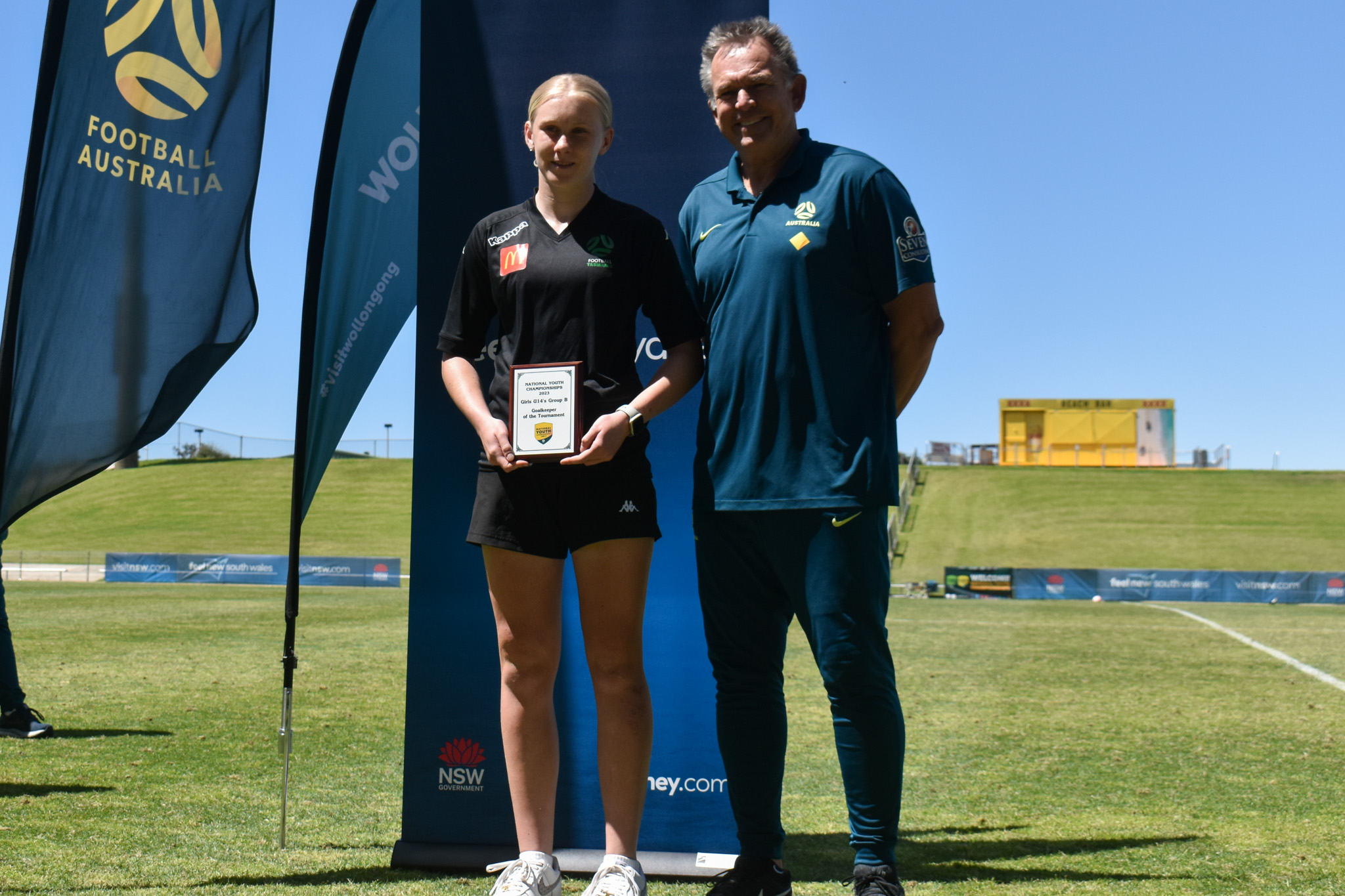 Amalie Miller from Football Tasmania was presented with the Under 14B Goalkeeper of the Tournament award from Head of Goalkeeping & CommBank Matildas Goalkeeper Coach , Tony Franken.